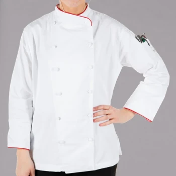 Mercer Culinary Renaissance® Women's Lightweight White Executive Chef Jacket with Red Piping M62045WR - 2X