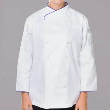 Mercer Culinary Renaissance® Women's Lightweight White Executive Long Sleeve Chef Jacket with Royal Blue Piping M62050WRB - 2X