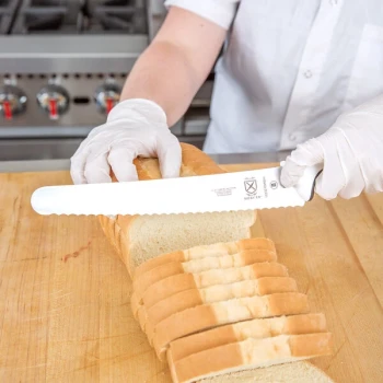 Mercer Culinary M23210WBH Millennia® 10" Wide Bread Knife with White Handle