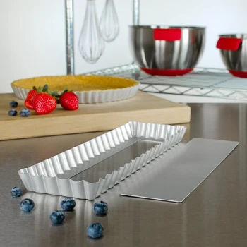 Fat Daddio's PFT-1375 ProSeries 13" x 4" x 1" Rectangular Anodized Aluminum Fluted Tart / Quiche Pan with Removable Bottom