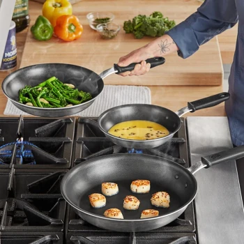 Vollrath Tribute 3-Piece Induction Ready Tri-Ply Stainless Steel Non-Stick Fry Pan Set with CeramiGuard II and Silicone Handles - 8", 10", and 12" Frying Pans