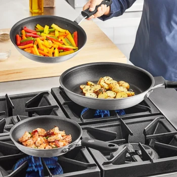 Vollrath Wear-Ever 3-Piece Aluminum Non-Stick Fry Pan Set with Rivetless Interior, CeramiGuard II Coating, and Black Silicone Handles - 8", 10", and 12" Frying Pans