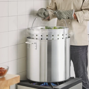 Choice 80 Qt. Standard Weight Aluminum Stock Pot with Steamer Basket and Cover