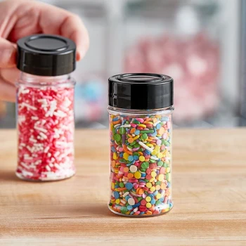 3.5 oz. Round Plastic Spice Container and 43/485 Smooth Black Unlined Lid - 640/Case