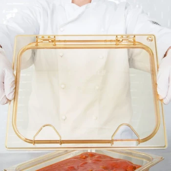 Carlisle 10439Z13 StorPlus EZ Access 1/2 Size Amber High Heat Hinged Lid with One Notch