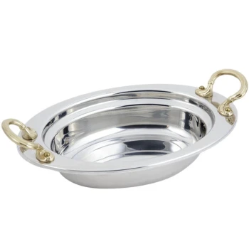 Bon Chef 5204HR 13" x 9" x 3" Stainless Steel 2 Qt. Full Size Oval Plain Design Food Pan with Round Brass Handles