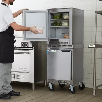 Beverage-Air UCF20HC-24 and UCR20HC-24 Double Stacked 20" Shallow Depth Undercounter Freezer and Refrigerator with Left Hinged Doors and 6" Casters