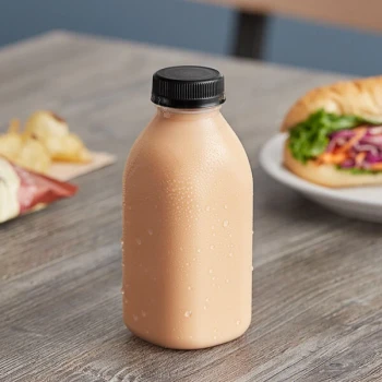 Captiva Containers 12 oz. Square Milkman PET Clear Juice Bottle with Black Lid - 160/Case