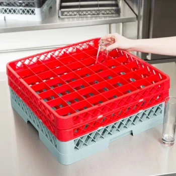 Noble Warewashing 49-Compartment Gray Full-Size Glass Rack with 2 Red Extenders
