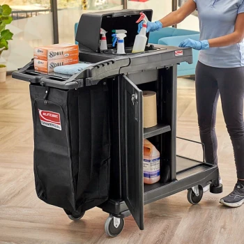 Suncast CCH225A Black High Security Janitor / Housekeeping Cart with Bag, Lockable Hood, and Non-Marring Wall Bumpers