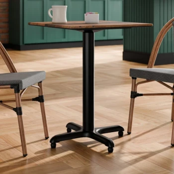 Lancaster Table & Seating Excalibur 22" x 22" Cross Black Outdoor Table Base with 3" Standard Height Column and FLAT Tech Equalizer Table Levelers