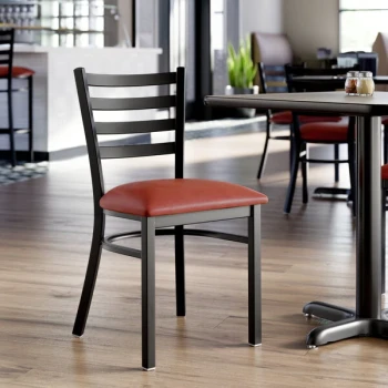 Lancaster Table & Seating Black Finish Ladder Back Chair with 2 1/2" Burgundy Vinyl Padded Seat - Detached Seat