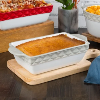 Tuxton EAU-202 DisplayTux 1.5 Qt. White Truffle Band Rectangular China Casserole Dish - 2/Case