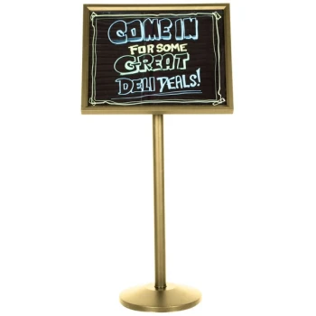 Aarco P-7B Single Pedestal Brass Frame Black Marker Board with Neon Markers