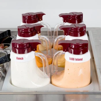 TableCraft CM12 10-Piece Imprinted White Plastic Salad Dressing Dispenser Collar Set with Maroon Lettering