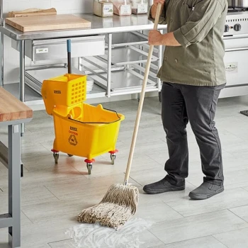 Lavex Wet Mop Kit with (12) 24 oz. #32 Cut-End Wet Mop Heads and Wooden Handle with Metal Threads