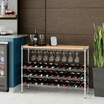 Regency 14" x 48" 3 Shelf 33-Bottle Wire Wine Rack with 34" Posts and Hardwood Top