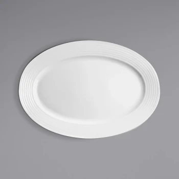 RAK Porcelain Rondo 14 15/16" x 10 1/4" Ivory Embossed Wide Rim Porcelain Oval Plate - 6/Case
