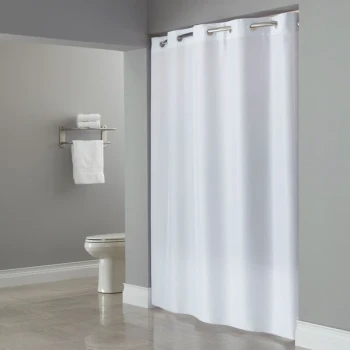 Hookless HBH40PLW01L White ADA Size Plainweave Shower Curtain with Matching Flat Flex-On Rings and Weighted Corner Magnets - 71" x 80"