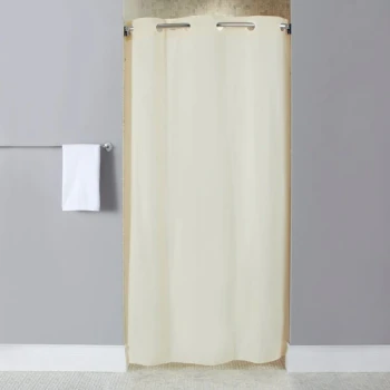 Hookless HBH10GA054274 Beige Stall Size 10-Gauge Vinyl Shower Curtain with Matching Flat Flex-On Rings and Weighted Corner Magnets - 42" x 74"