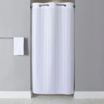 Hookless HBH43LIT01SX White Stall Size Litchfield Shower Curtain with Matching Flat Flex-On Rings and Weighted Corner Magnets - 42" x 74"