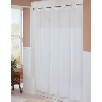Hookless HBH49MYS01SL74 White Illusion Shower Curtain with Chrome Raised Flex-On Rings, It's A Snap! Polyester Liner with Magnets, and Poly-Voile Translucent Window - 71" x 74"