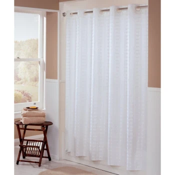 Hookless HBH43LIT01X White Litchfield Shower Curtain with Matching Flat Flex-On Rings and Weighted Corner Magnets - 71" x 77"