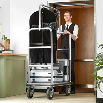 Lancaster Table & Seating 42" x 24" x 69" Stainless Steel Bellman Cart with Rectangular Gray Carpet Base and 8" Pneumatic Casters