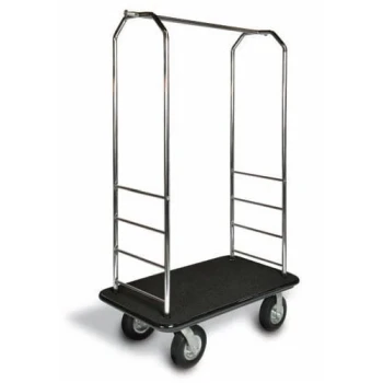 CSL 2000BK-010 Chrome Finish Customizable Bellman's Cart with Rectangular Black Carpet Base, Black Bumper, Clothing Rail, and 8" Black Pneumatic Casters - 43" x 23" x 72 1/2"