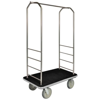 CSL 2000BK-040 Chrome Finish Customizable Bellman's Cart with Rectangular Black Carpet Base, Gray Bumper, Clothing Rail, and 5" Gray Polyurethane Casters - 43" x 23" x 72 1/2"
