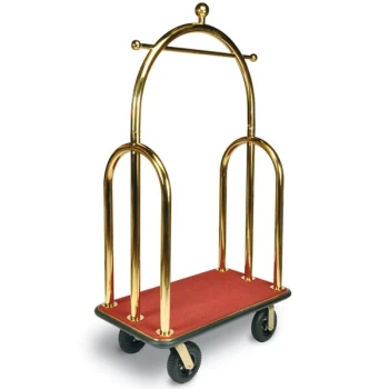 CSL 3533BK-030-RED Trident Style Titanium Gold Customizable Bellman's Cart with Red Carpet Base, Black Bumper, Clothing Rail, and 8" Black Pneumatic Casters - 45" x 25" x 77"