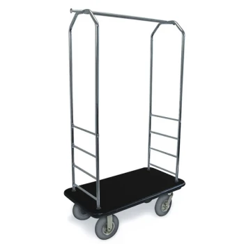 CSL 2000BK-020 Chrome Finish Customizable Bellman's Cart with Rectangular Black Carpet Base, Black Bumper, Clothing Rail, and 8" Gray Pneumatic Casters - 43" x 23" x 72 1/2"