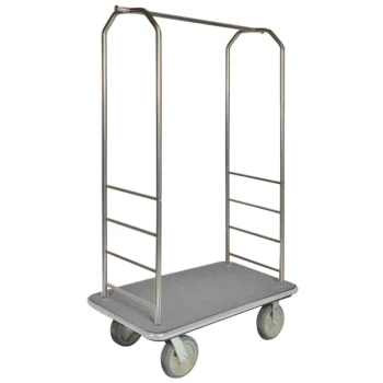 CSL 2000GY-050 Chrome Finish Customizable Bellman's Cart with Rectangular Gray Carpet Base, Gray Bumper, Clothing Rail, and 8" Gray Polyurethane Casters - 43" x 23" x 72 1/2"