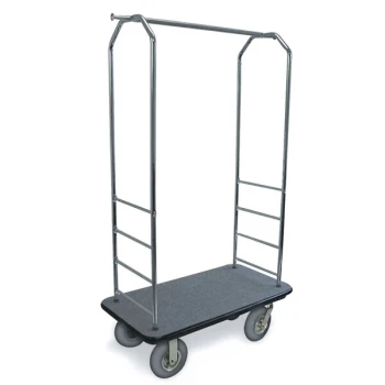 CSL 2000BK-020 Chrome Finish Customizable Bellman's Cart with Rectangular Gray Carpet Base, Black Bumper, Clothing Rail, and 8" Gray Pneumatic Casters - 43" x 23" x 72 1/2"