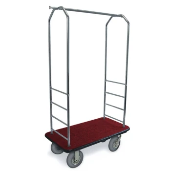 CSL 2000BK-020 Chrome Finish Customizable Bellman's Cart with Rectangular Red Carpet Base, Black Bumper, Clothing Rail, and 8" Gray Pneumatic Casters - 43" x 23" x 72 1/2"