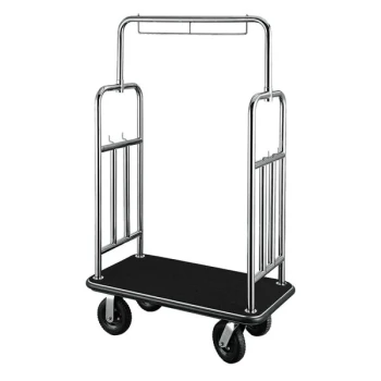 CSL 2799BK-010-BLK Polished Stainless Steel Finish Deluxe Customizable Bellman's Cart with Rectangular Black Carpet Base, Black Bumper, Squared Top / Side Bars, and 8" Black Pneumatic Casters