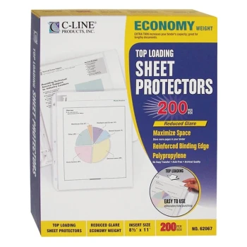 C-Line 62067 11" x 8 1/2" Economy Weight Top-Loading Clear Reduced Glare Polypropylene Sheet Protector - 200/Box