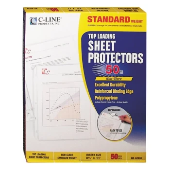 C-Line 62038 11" x 8 1/2" Standard Weight Top-Loading Clear Non-Glare Polypropylene Sheet Protector - 50/Box