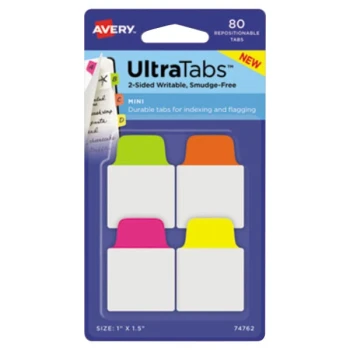 Avery® 74762 Ultra Tabs 1" x 1 1/2" Assorted Neon Color Repositionable Tab - 80/Pack