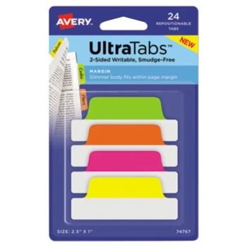 Avery® 74767 Ultra Tabs 2 1/2" x 1" Assorted Neon Color Repositionable Tab - 24/Pack