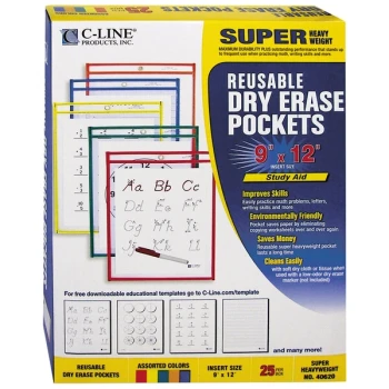 C-Line 40620 12" x 9" Assorted Primary Colors Reusable Dry Erase Pocket - 25/Box