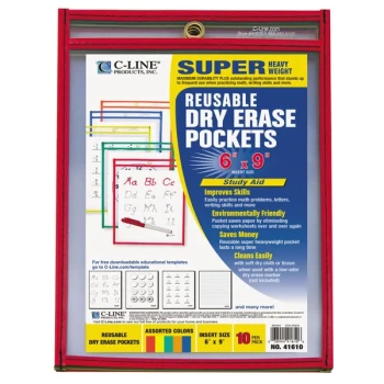 C-Line 41610 9" x 6" Assorted Primary Colors Reusable Dry Erase Pocket - 10/Pack