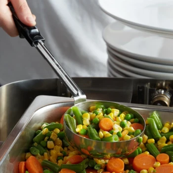 Vollrath 61180 8 oz. Black Perforated Round Stainless Steel Spoodle® Portion Spoon with Grip 'N Serve® Handle
