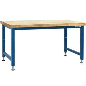BenchPro Adams Series 36" x 60" Butcherblock Wood Top Adjustable Hydraulic Workbench with Dark Blue Frame AEWS3660