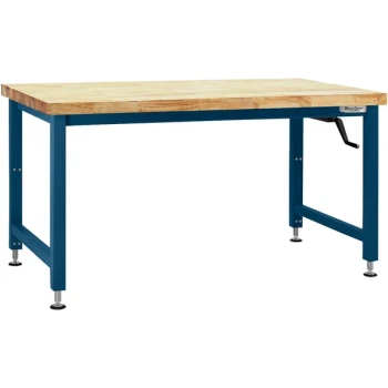 BenchPro Adams Series 36" x 60" Butcherblock Wood Top Adjustable Crank Workbench with Dark Blue Frame AMWS3660