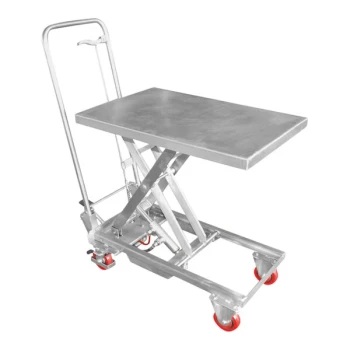 Vestil 27 1/2" x 17 3/4" Stainless Steel Hydraulic Scissor Cart with 10"-30 1/2" Lift and 200 lb. Capacity SSSC-200