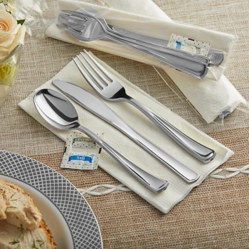 Visions Classic Individually Wrapped Extra Heavy Weight Silver Polystyrene Plastic Cutlery Set with Napkin and Salt and Pepper Packets - 100/Case