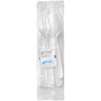 Fineline ReForm Wrapped White Plastic Flatware and Utensils Kit with Napkin and Salt and Pepper Packets - 250/Case