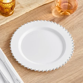 Visions Beaded 9" White Round Plastic Plate with Silver Beaded Rim - 120/Case