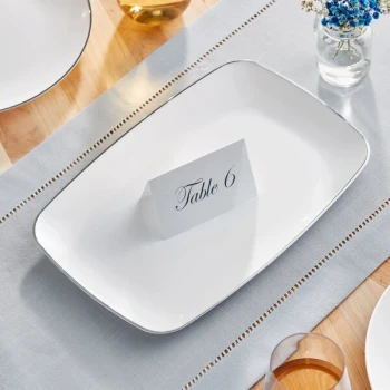 Visions Coupe Dynasty 12 3/4" x 8 1/4" White Rectangular Plastic Platter with Silver Band - 120/Case